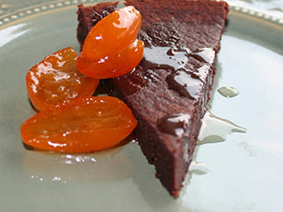 Almost Flourless Dark Chocolate Blood Orange Olive Oil Cake with Vanilla Bean Candied Kumquats