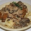 Chicken, Caramelized Onions, and Wild Mushrooms Over Pappardelle Sauced With A Creamy Bacon-Thyme-Balsamic Reduction
