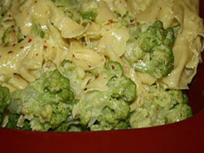 Pan Roasted Roman Cauliflower with Caramelized Garlic, Red Pepper & Pecorino Over Pappardelle