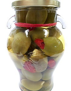 gordal olives stuffed with garlic and red chili peppers