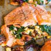 Stuffed Baked Salmon with Spicy Calabrian Pesto Infused Olive Oil
